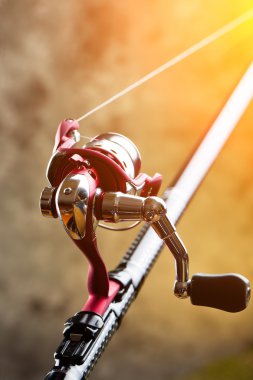 Tahta bir masada olta takımı.