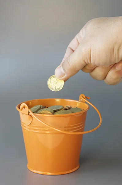 Gold Coins , Hand and Bucket - Financial Concept — Zdjęcie stockowe