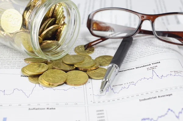 Gold Coins, Pen and Glasses - Business Concept — Stock Photo, Image