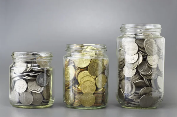 Coins in The Three Different Size of Jar - Financial Concept — Stock Photo, Image