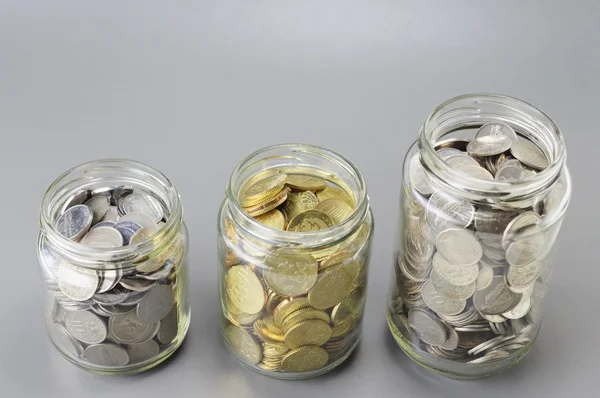 Coins in The Three Different Size of Jar - Financial Concept — Stock Photo, Image