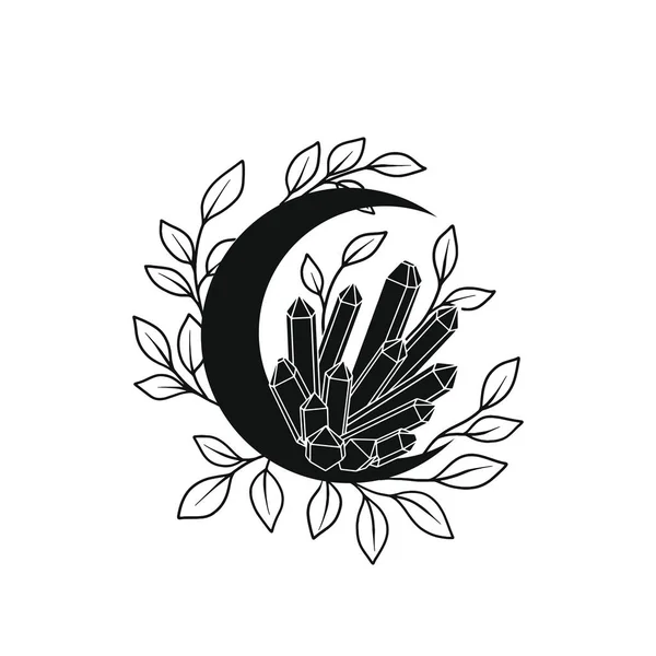Lua floral e cristais quadro vetorial. Tatoo doodle grinalda. Cartaz celestial místico de Boho. —  Vetores de Stock