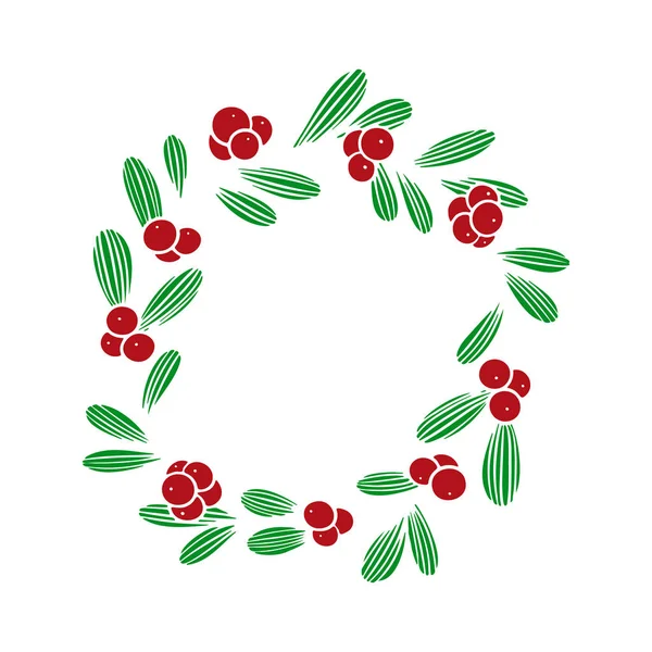 Round Christmas wreath with holly branches isolated on white. Berry and leaves frame. For festive design, announcements, postcards, invitations, posters. — Stock Vector