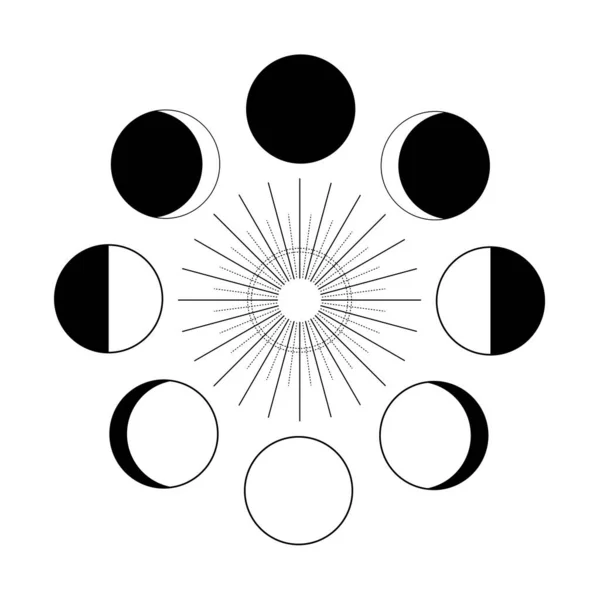 Fases lunares ilustración vectorial. Astrología luna y sol aislados negro sobre blanco. — Vector de stock