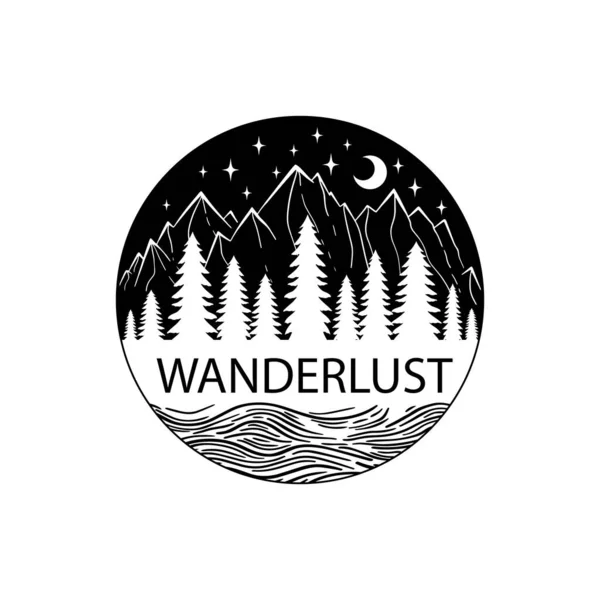 Montanha e mar preto em branco. Ilustração vetorial. Noite Wanderlust aventura viagem círculo ícone com estrelas. — Vetor de Stock