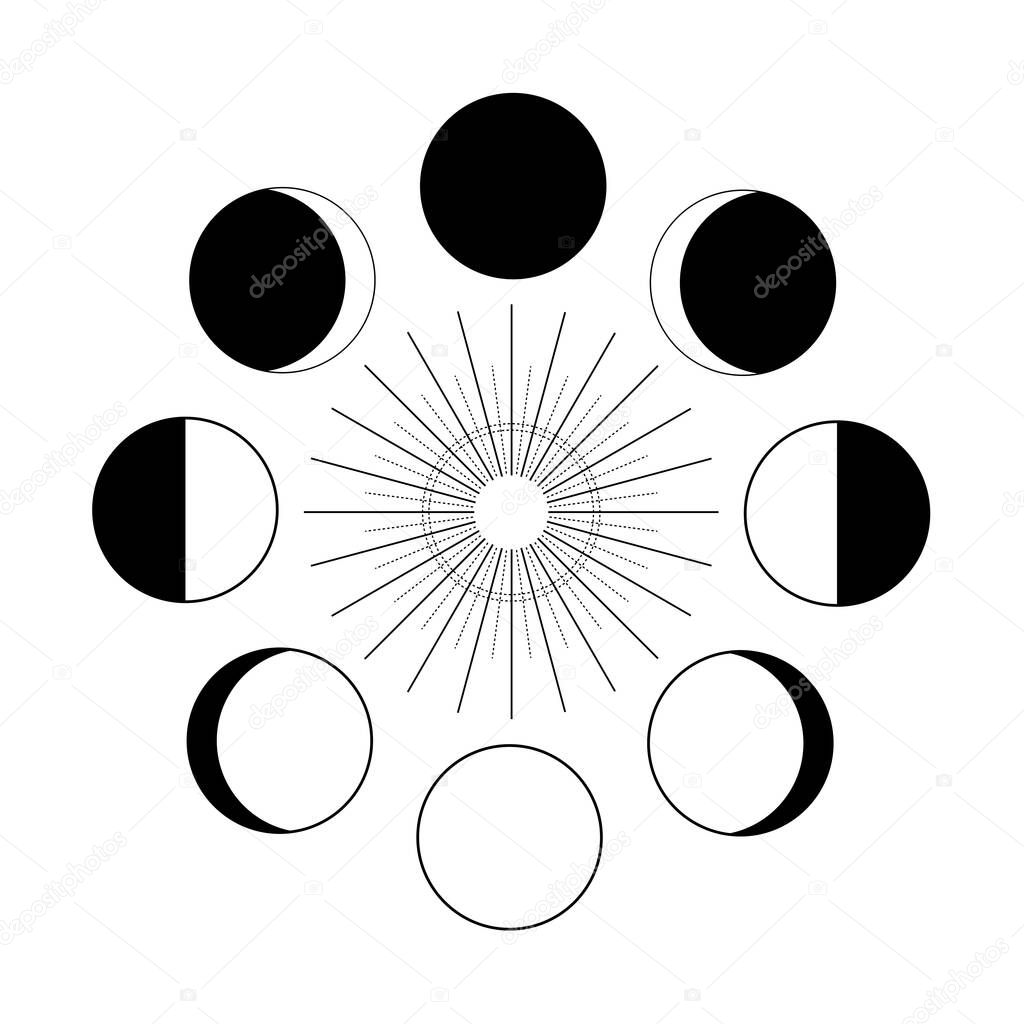 Lunar phases vector illustration. Astrology moon and sun isolated black on white. 