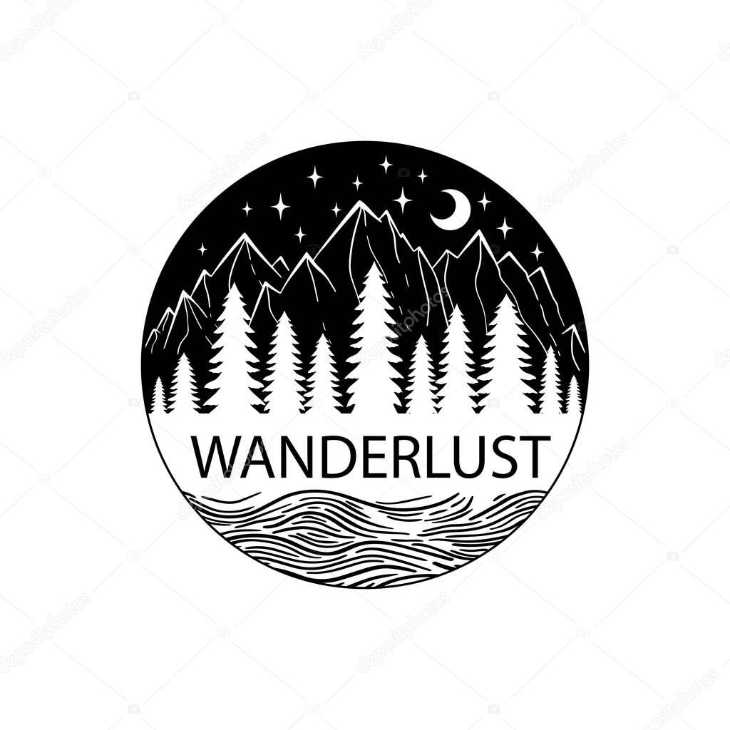 Mountain and sea black on white. Vector illustration. Night Wanderlust adventure travel circle icon with stars. Vector illustration