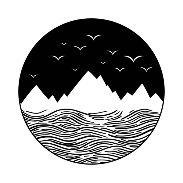 Dağ ve deniz siyah üstüne beyaz. Vektör çizimi. Gece Yolculuğu Macera Gezisi Yıldızlı Çember simgesi.