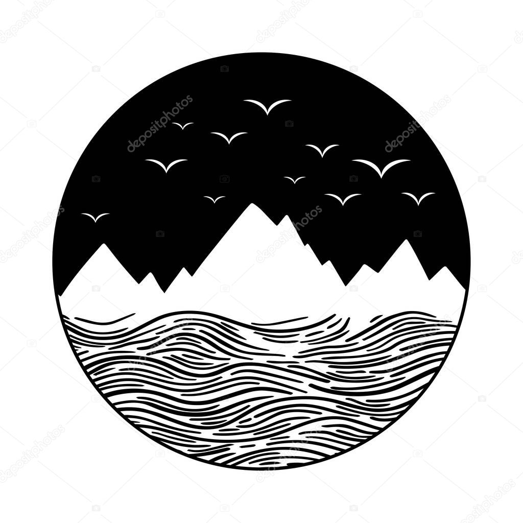 Mountain and sea black on white. Night Wanderlust adventure travel circle icon with stars. Vector illustration.