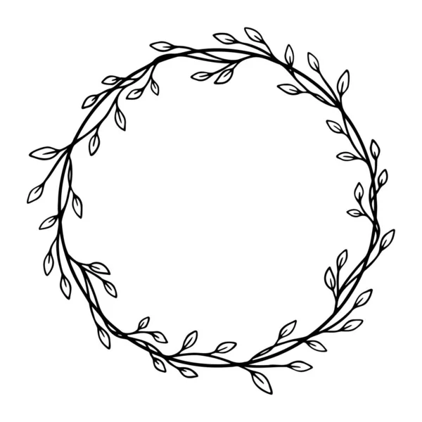 Cadre vectoriel botanique. Fond floral. Laisse le cadre dessiné à la main. Illustration délicate de couronnes florales. Dessin au trait branches vectorielles, plantes, herbes. Logo de feuille. Invitation de mariage stationnaire. — Image vectorielle