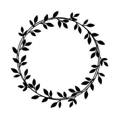Düğün ve tatil için yapraklarla birlikte yuvarlak bir çerçeve bırakıyor. El çizimi vektör çelengi. Siyah çiçek çizimi. Çelenk çerçevesi. İzole edilmiş. 