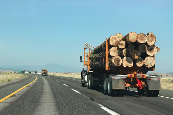 Большой грузовик, перевозящий древесину по дороге — стоковое фото