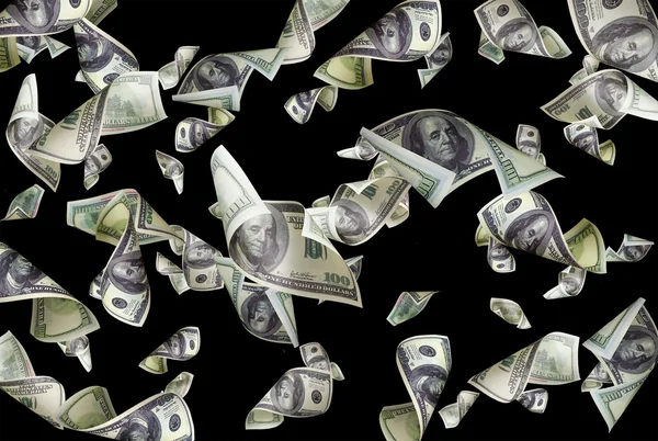 Flying dollars isolated on black background — Stock Photo, Image