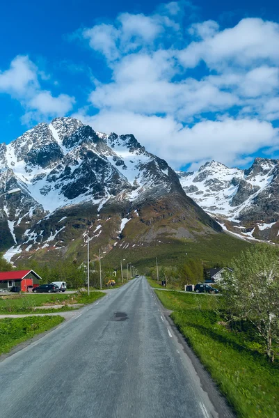 Asfalt yol boyunca güneşli açık gün Norveç köyde