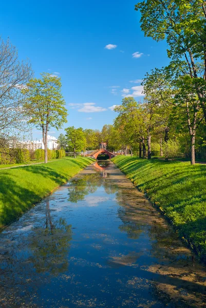 Brug over de sloot in het groene park van Poesjkin — Stockfoto