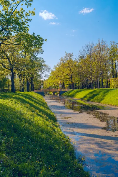 A vala com uma ponte no parque de Pushkin perto de São Petersbu — Fotografia de Stock