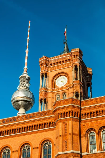 Red townhall and TV tower — Stock Photo, Image