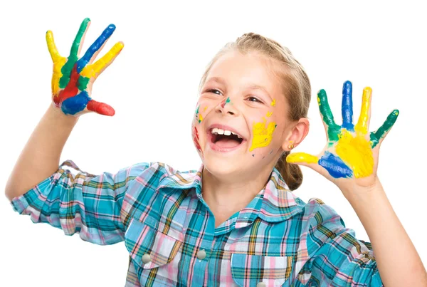 Portrait of a cute girl playing with paints — Stock Photo, Image