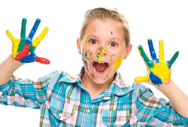 Portrait of a cute girl playing with paints — Stock Photo, Image