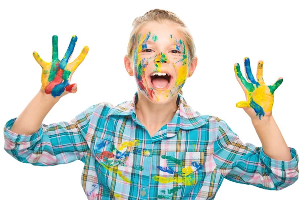 Portrait of a cute girl playing with paints — Stock Photo, Image