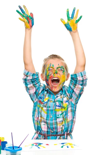 Little girl is rising her hands up in joy — Stock Photo, Image