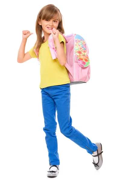 Портрет милой маленькой школьницы с рюкзаком — стоковое фото