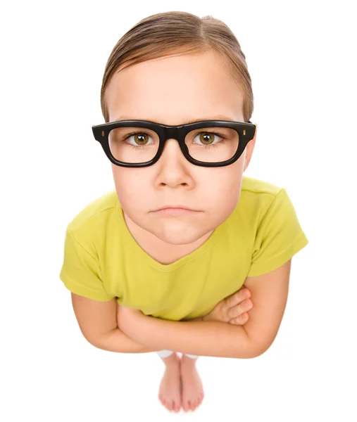 Portrait of a sad little girl wearing glasses — Stock Photo, Image