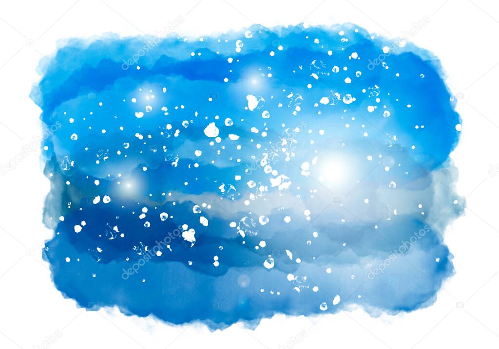 Watercolor night landscape with snowflakes, sunbeam and stars. Artist impression of winter landscape. Splash cloud isolated on white background. Computer generated illustration.