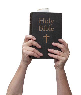 Çıplak kollar havaya kaldırıldı. Elleri havada ve İncil 'in kutsal kitabına uzandı. Başlık ve bağlama üzerine altın bir haç. Dua ve ibadetin sembolik duruşu. Beyaz arkaplanda izole. 