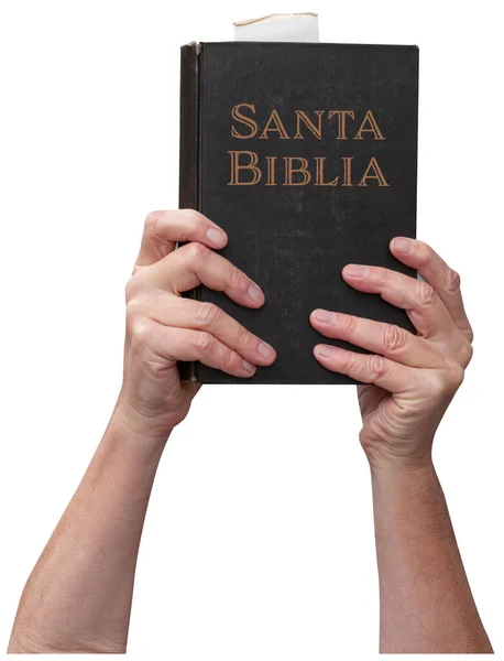 Nahá Paže Zvednutá Vzduchu Rukou Vztáhnutou Držící Santa Biblii Bibli — Stock fotografie