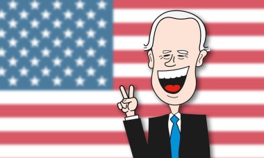 Joe Biden 'ın karikatürü bulanık bir Amerikan bayrağı önünde Amerika Birleşik Devletleri Başkanı seçildi. Çizgi film Vektör Çizimi.