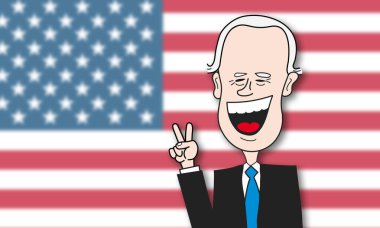 Joe Biden 'ın karikatürü bulanık bir Amerikan bayrağı önünde Amerika Birleşik Devletleri Başkanı seçildi. Çizgi film Vektör Çizimi.