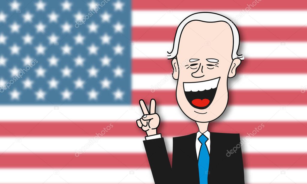 Caricature of Joe Biden Elected President of US United States in front of a big blurred American flag. Cartoon Vector Drawing.