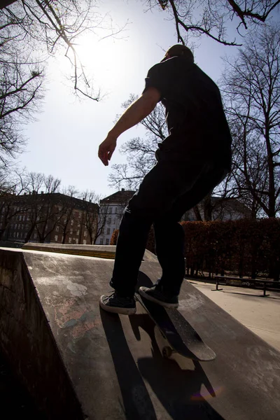 Skater Action Ramp Seen Backlit Silhouette Royalty Free Stock Images