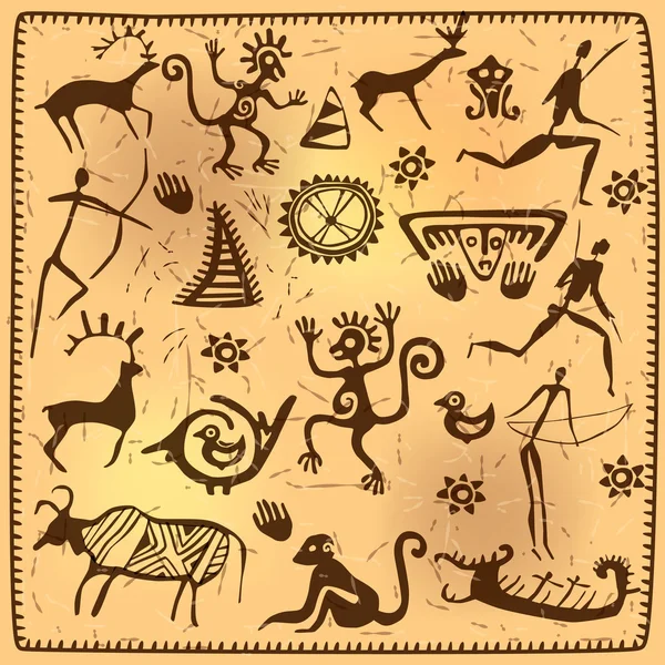 Elementos de conjunto Africano arte petroglifo velho — Vetor de Stock