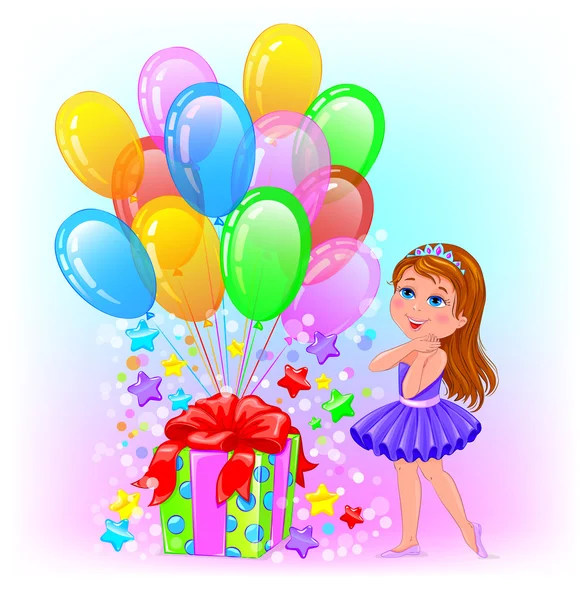 Birthday cheerful girl with gift and lot balls — Stock Vector