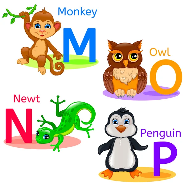 Alphabet kids animals MNOP — Stock Vector