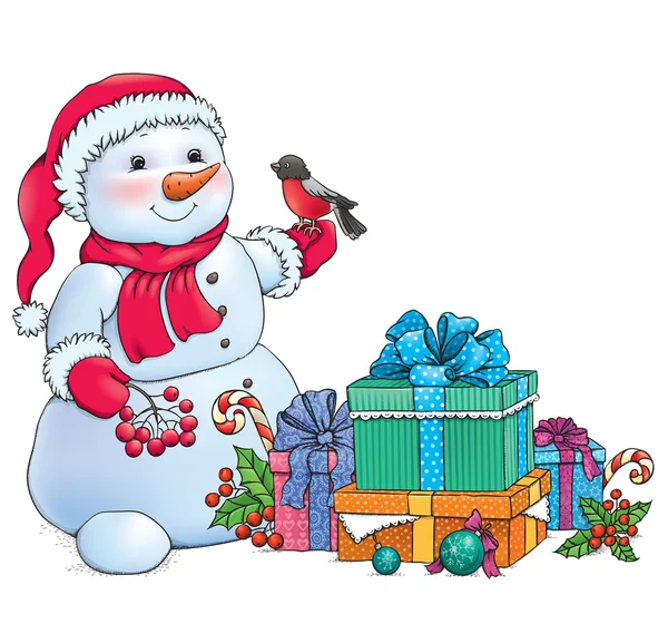 Snowman and Christmas gifts — Stock Vector
