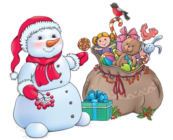 Bonhomme de neige avec cadeaux de Noël — Image vectorielle