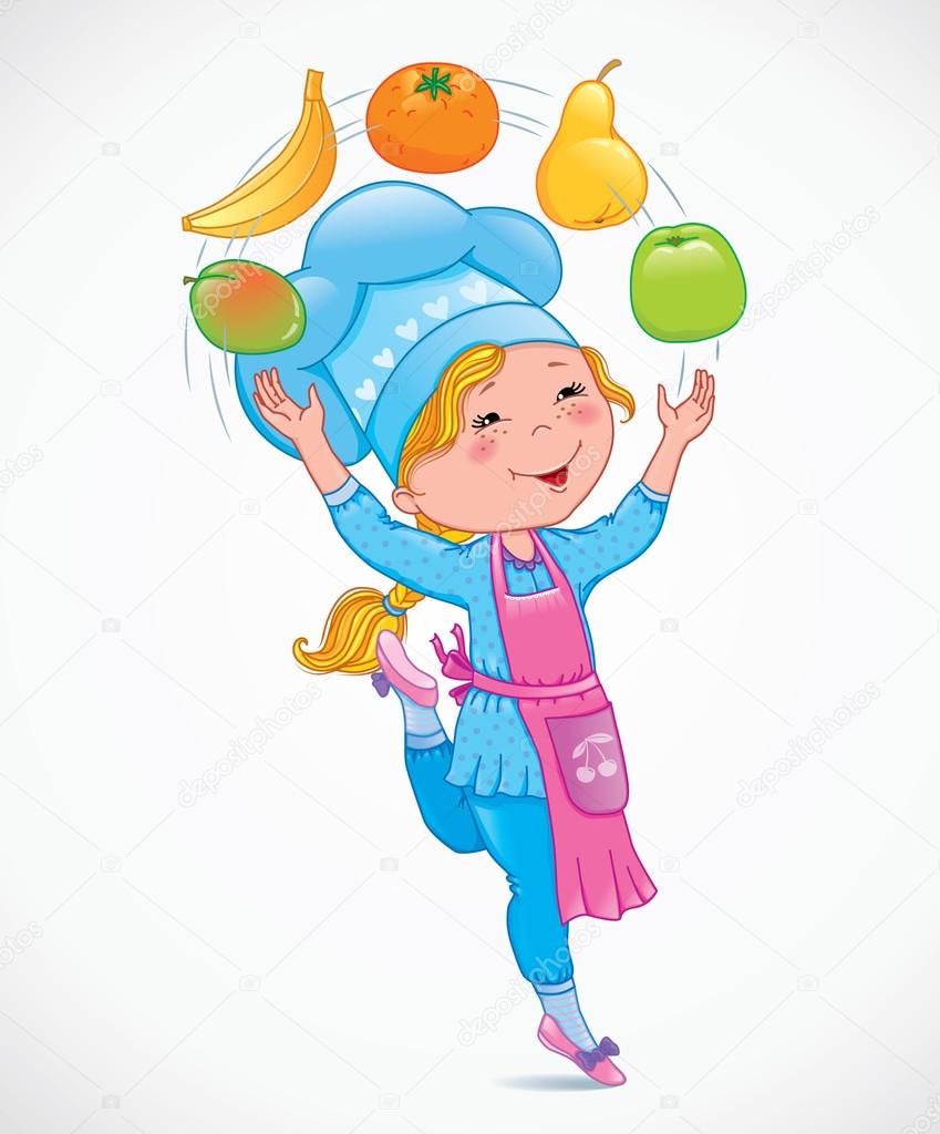 Baby cook juggles fruits