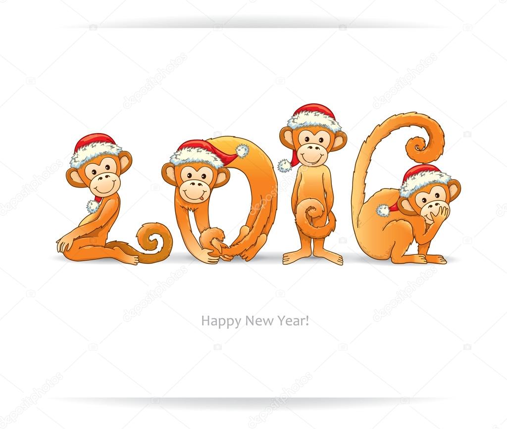 New Year card with monkey in Santa hat