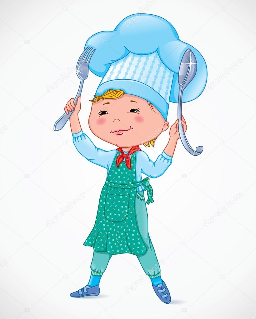 Baby cook with fork and spoon