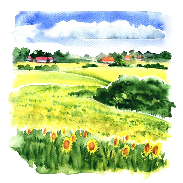 Village landscape with sunflower field and country houses, watercolor illustration — Stock Photo, Image