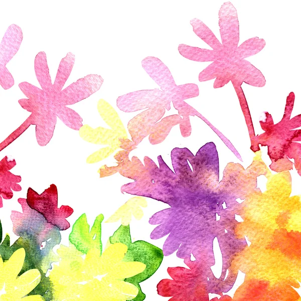 Ευχετήρια κάρτα πολύχρωμα λουλούδια. Αφηρημένα φόντο. Ακουαρέλα εικονογράφηση — Φωτογραφία Αρχείου