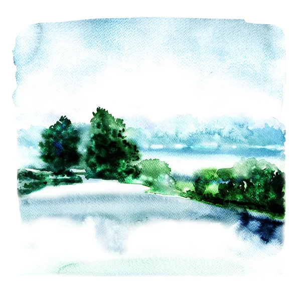Krajobraz rzeki i lasu we mgle, akwarela ilustracja streszczenie — Zdjęcie stockowe