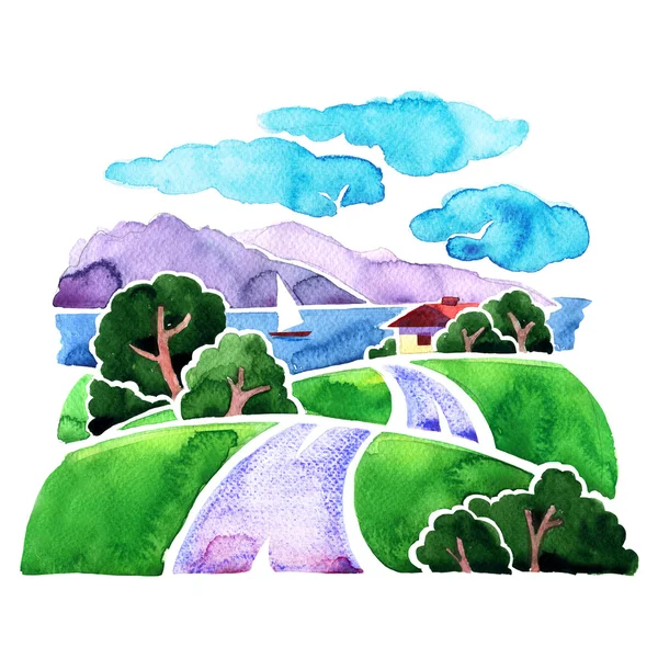 Paysage avec route, mer, montagne et voilier, aquarelle illustration — Photo