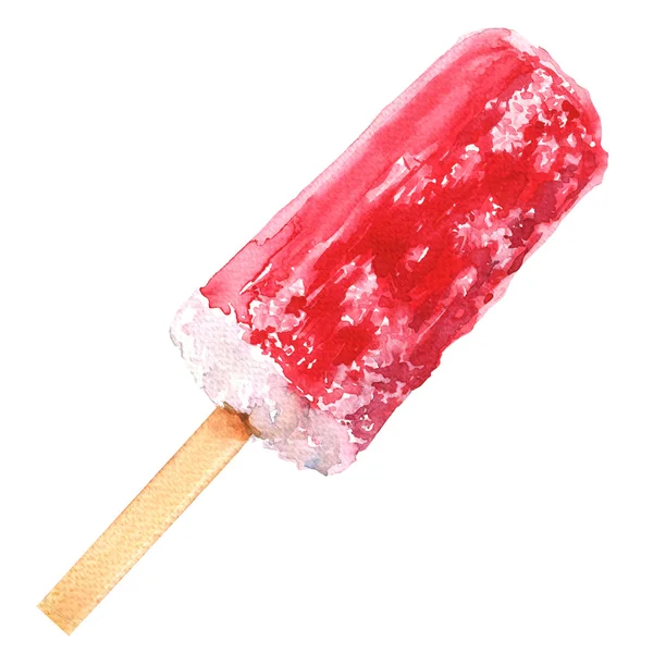 लकड़ी की छड़ी पर लाल फल आइसक्रीम अलग, वाटर कलर चित्रण — स्टॉक फ़ोटो, इमेज