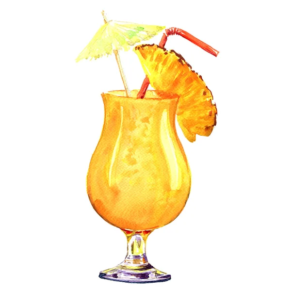 Narancssárga frissítő hideg koktélt, ananásszal, elszigetelt, akvarell illusztráció — Stock Fotó