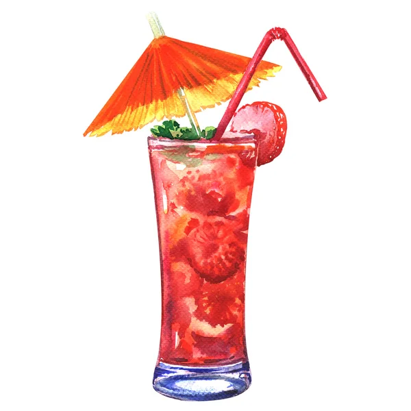 Leckerer erfrischender kalter Cocktail mit Erdbeere, isoliert, Aquarell-Illustration — Stockfoto