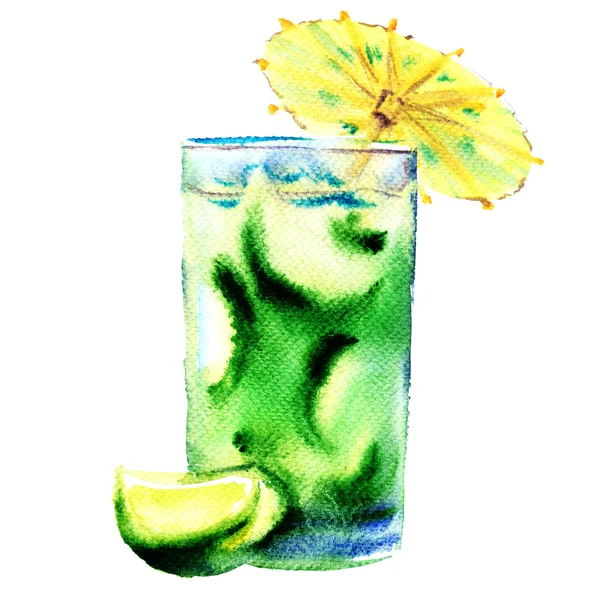 Cocktail freddo rinfrescante verde con illustrazione a calce, isolata e ad acquerello — Foto Stock